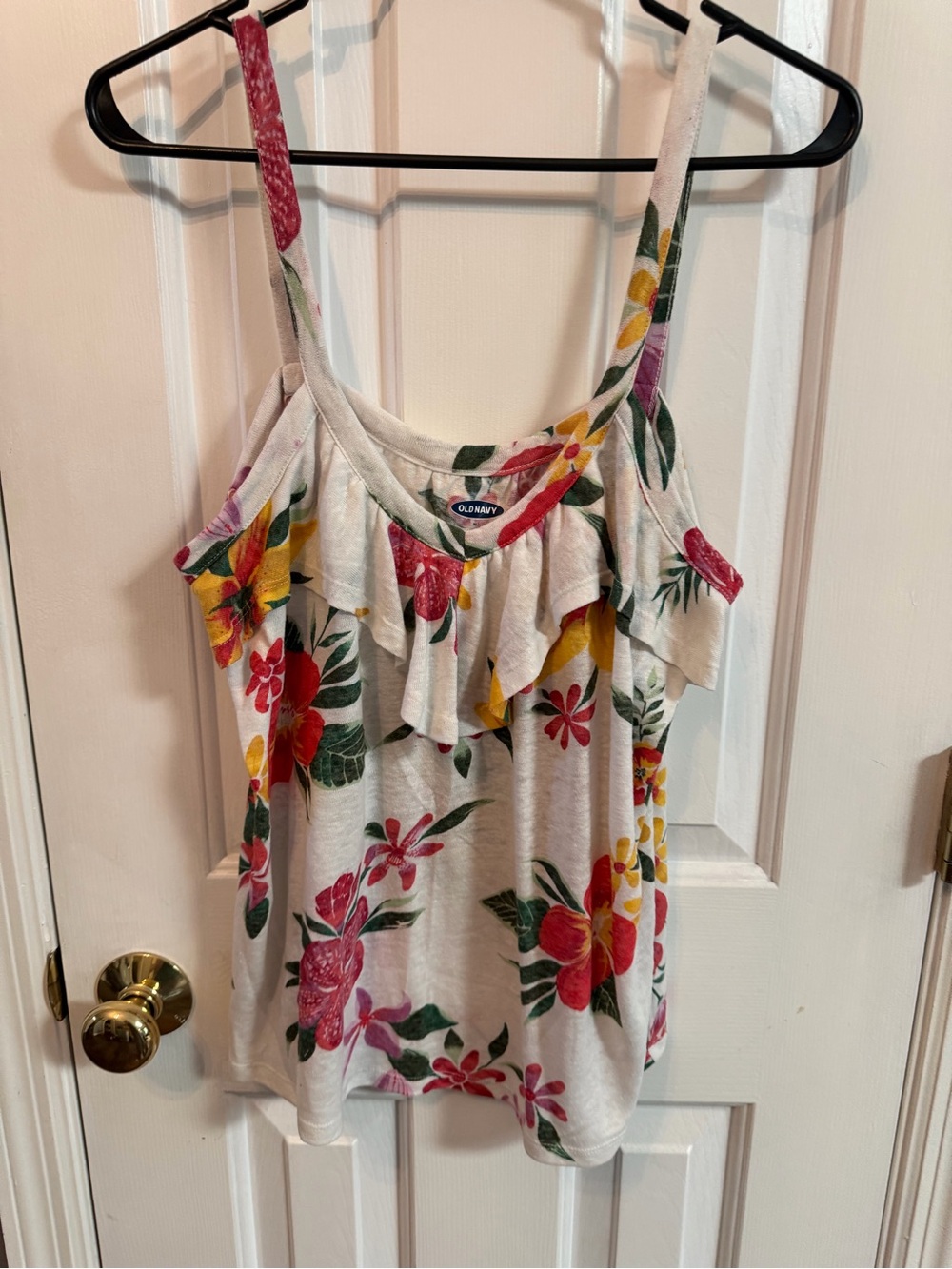 Old Navy White Floral Ruffle Camisole with Pink, Red & Yellow Blooms